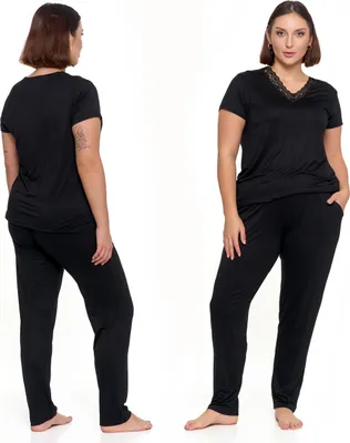 Produktbild von Schwarzer Damen-Pyjama mit Spitze, lange Hose, kurzärmliges T-Shirt, MORAJ M