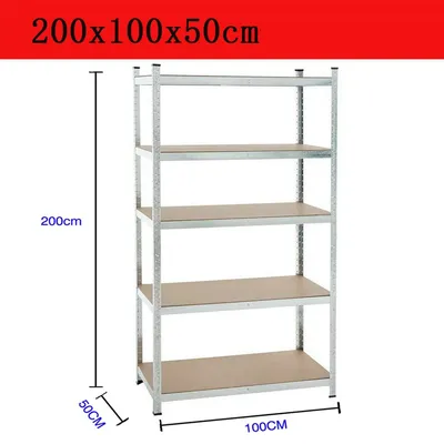 Immagine prodotto di Scaffalatura industriale a 5 livelli, portata elevata, dimensioni 200 x 100 x 50 cm, sistema a incastro, struttura in metallo, ripiani in legno, colore argento