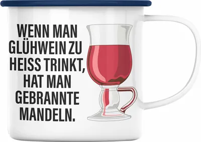 Produktbild von Trendation - Glühwein Emaille Tasse Lustig Spruch Glühweinbecher mit Henkel Doppelwandig GlühweinEmaille Tassen Gläser Weihnachtsmarkt Becher Emaille Tassen Geschenk - Gebrannte Mandeln (Blau)