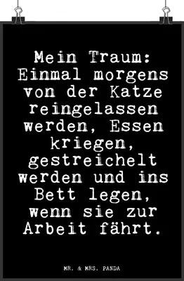 Produktbild von Mr. & Mrs. Panda Bild Mein Traum: Einmal morgens... DIN A4 - Schwarz - Geschenk, Herrchen, Frauchen, drucke, Freundin, Wandschmuck, Katze, Sprüche, Wandbild, Kunstdruck