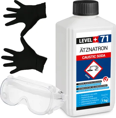 Produktbild von Rohrreiniger Ätznatron Entfetter Perlen Caustic Soda 1kg Flasche Seifenindustrie + Schutzbrille + Nitrillhandschuhe Arbeitsschutz Set RM71