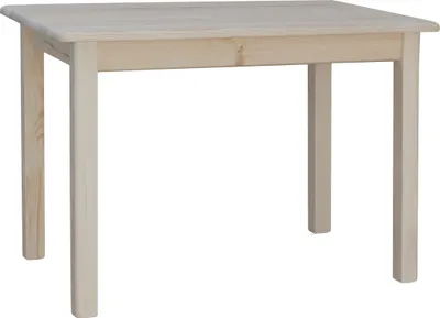 A simple, unfinished pine wood table with four legs, shown from the front.