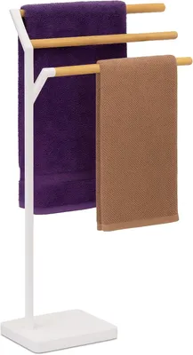 Imagen del producto de Estante para toallas de baño, metal y bambú, con 3 barras, de pie, color blanco natural, dimensiones: 75 x 38,5 x 18 cm