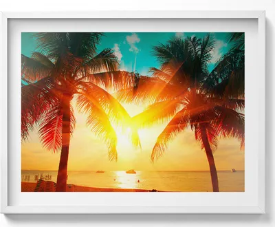 Produktbild von Urlaubsansicht - Palmen bei Sonnenuntergang– Wandbild mit Rahmen – Gerahmtes Bild  – Wanddekoration – 80x60 cm –  Weiß Rahmen