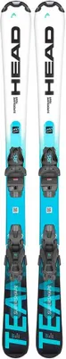 A pair of skis with bindings, displayed upright against a white background.