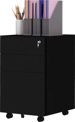 Produktbild von Rollcontainer Aktenschrank, 3 Schubladen, abschließbar, rollbar, 37 cm x 43,5 cm x 60 cm, Schwarz