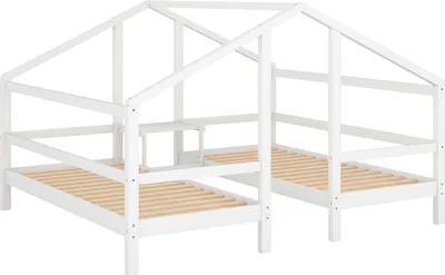 Produktbild von Hausbett,Zwei Einzelbett,Kinderbett(Weiß)im Hausbettdesign mit Nachttisch und Lattenrost Jugendbett 90*200 mit Rausfallschutz