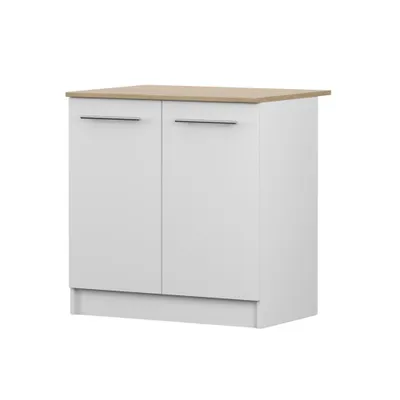 Obrázek produktu pro Spodní skříňka INEZ IV, kuchyň, dvoudveřová kuchyňská skříňka 80 cm, bílá/kamenný dub, se dvěma křídlovými dvířky a stříbrnými kovovými úchytkami