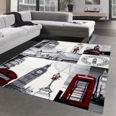 Zdjęcie produktu dla Dywan designerski London Patchwork kremowo-szary z czerwonymi akcentami Rozmiar – 200 x 290 cm