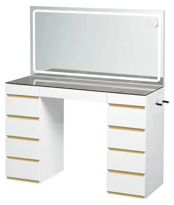 Productafbeelding van Make-uptafel - Kaptafel - 11 lades - LED-spiegel - Stopcontact in de lade - Glazen blad - Sieradenopslag - Wit en goud