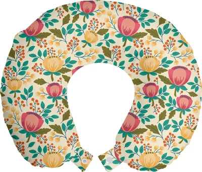Produktbild von ABAKUHAUS Blumen Reisekissen Nackenstütze, Zierblumenblüten, Schaumstoff Reiseartikel für Flugzeug und Auto, 30x30 cm, Elfenbein und Multicolor