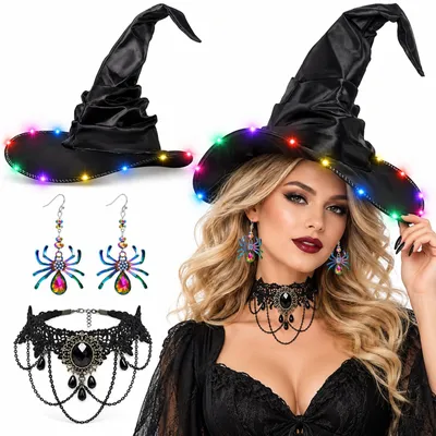 Hexenhut klappbar, Samt, mit Spinnenkette & Ohrringen, Halloween