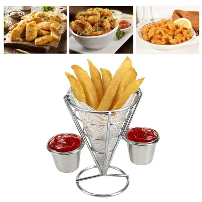 Fritteuseständer, Kegelkorb aus Metall, mit Soßendippern, Doppel