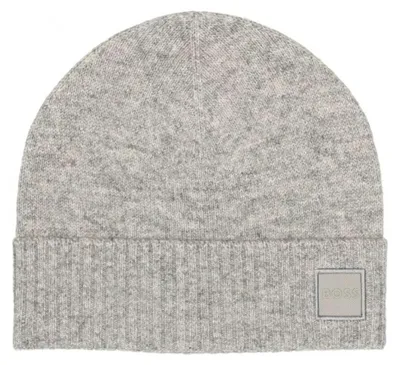 Produktbild von Boss Akaio Mütze für Erwachsene, Hellgrau, aus Wollmischung mit Umschlagrand und Logobadge
