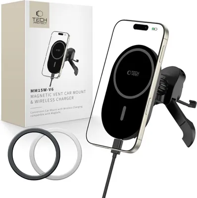 A Tech-Protect car mount and wireless charger with a phone attached, shown with its packaging and accessories.