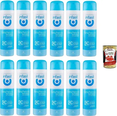 Produktbild von Infasil Deodorant-Spray natürliche Frische mit Molekül 2C, ohne Alkohol, wirksam bis zu 24 Stunden, 12x 150 ml + Italian Gourmet polpa 400