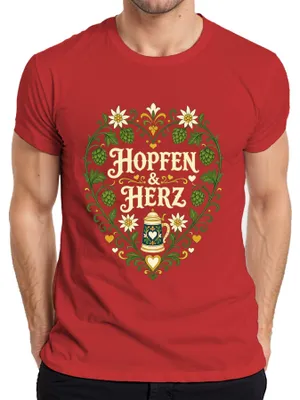 Productafbeelding van Hopfen & Herz Edelweiss bierkan, traditionele kleding, lederen broek voor heren, T-shirt, rood, maat M