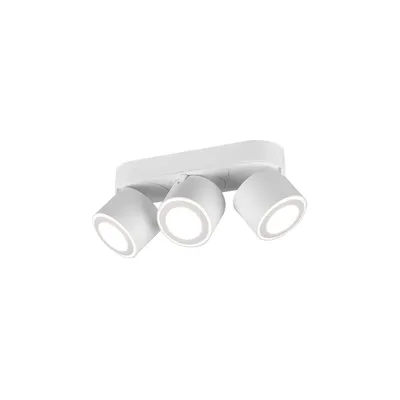 A white ceiling light with three adjustable spotlights on a white background.