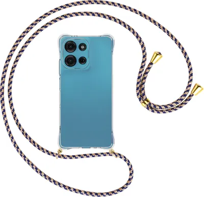 Produktbild von Handykette Backcover-Schutzhülle mit Band (Metall goldfarben) für Motorola Moto G75 5G - blau+beige