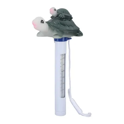 A floating pool thermometer shaped like a cartoon turtle.