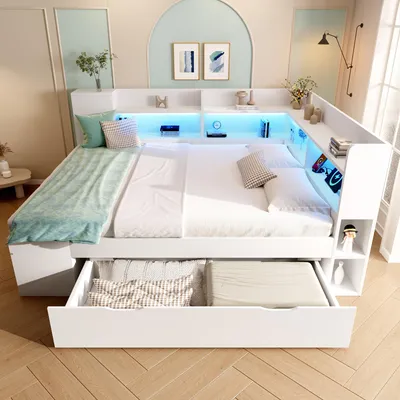 Produktbild von Abrihome Kinderbett Jugendbett 140x200 cm mit LED & USB, Schlafsofa Tagesbett mit Stauraum Regalen und Schubladen, Weiß