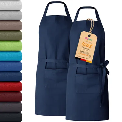 Produktbild von 2er Pack EllaTex Kochschürze Latzschürzen 100% Baumwolle Unisex Schürzen verstellbar mit Tasche Grillschürze Küche, Farbe: Dunkelblau