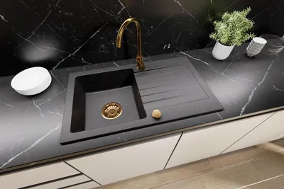 Produktbild von Granitspüle Küchenspüle mit Siphon und Armatur Gold Spülbecken Einbauspüle 76x44 Schwarz