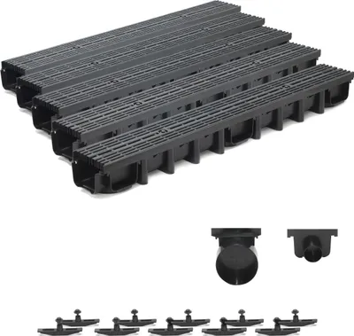 Produktbild von 5m Entwässerungsrinne für modulares System A15 98mm, komplett Stegrost Kunststoff, Schwarz Line