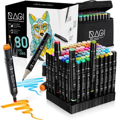 Produktbild von RAGI Alkoholmarker Stifte Set 80 Stück mit Ständer, Doppelseitige Alkohol Marker, Farben Graffiti Twin Filzstifte, Farbige Textmarker mit Tragetasche