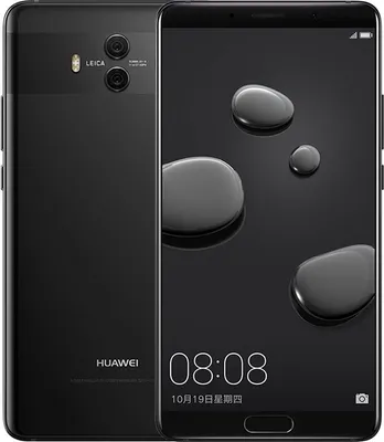 A black Huawei Mate 10 Pro smartphone is shown from the front and back, with water droplets on the screen.