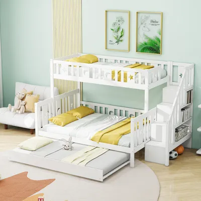 Produktbild von MODFU Etagenbett mit einer Matratze 90×200/140×200 Jugendbett mit Sicherheitstreppe,Kinderbett mit Rollbett und Lattenrost,Holzbett mit Stauraum,weiß