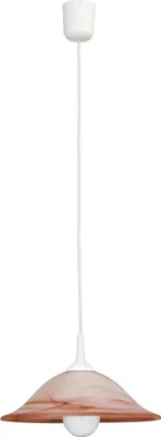 A white pendant light with a marbled brown and silver shade, hanging from a white cord.