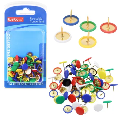 Productafbeelding van Set pushpins met platte kop voor kantoor en school, gekleurd 90 stuks.