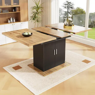 Image de Table extensible avec 3 étagères, dimensions 140x70 cm, finition bois naturel et noir
