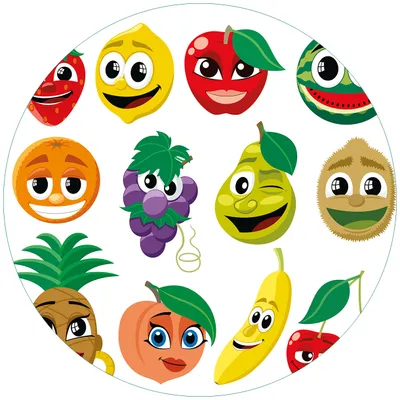 Produktbild von Wallario Premium Glasbild, freischwebende Optik, kräftige Farben, rund 50cm Durchmesser, Motiv Obst-Smilies im Comic-Stil - Lustige Früchte