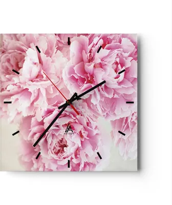 Produktbild von Wanduhr - Quadrat - Glasuhr - Pfingstrosen Blumenstrauß Blumen - 40x40cm - Schleichendes Uhrwerk - Lautlos - zum Aufhängen bereit - Dekoration Modern - Wanddekoration aus Glas - C3AC40x40-4961