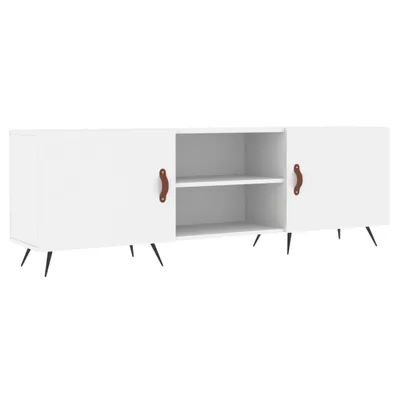 A white TV stand with brown handles and black legs, shown against a white background.