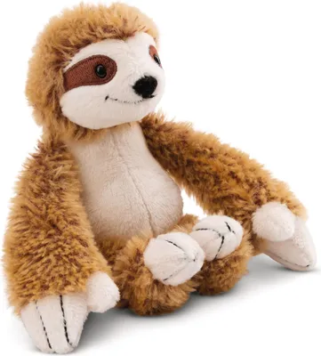 A plush sloth toy sitting on a white background.