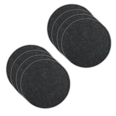 Two stacks of round, dark gray felt seat cushions on a white background.