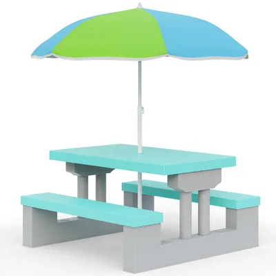 Produktbild von SPIELWERK® Kindersitzgruppe Sonnenschirm UV Schutz Stecksystem Waschbar ABS Kunststoff Wetterfest Mint Outdoor Picknicktisch Kindertisch Gartenmöbel