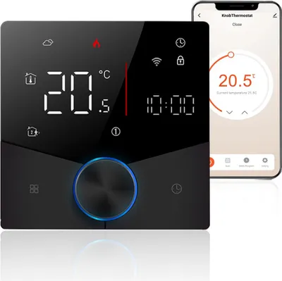 Produktbild von Smart Tuya WiFi-Thermostat, Digital LED Raumthermostat Sprachsteuerung Wandthermostat für 3A Warmwasserbereitung Fußbodenheizung mit dimmbarer Lichtfarbe programmierbarer kompatibel mit Tmall Genie, Amazon Google Home,Schwarz