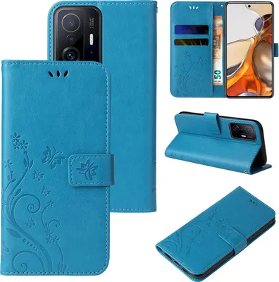 Produktbild von Handyhülle für Xiaomi 11T / 11T Pro Floral Blumen Schmetterling Flip Cover Hülle Case Klapphülle Handytasche Farbe: Blau