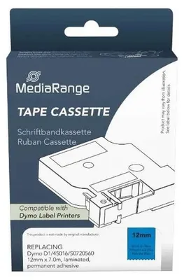 Produktbild von MediaRange Kunststoff-Schriftbandkassette, für/ersetzt Dymo® D1/45016/S0720560, permanent haftend, 12mm, 7m, laminiert, schwarz auf blau