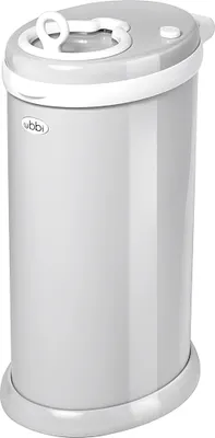 A gray diaper pail with a white lid and handle, shown against a white background.