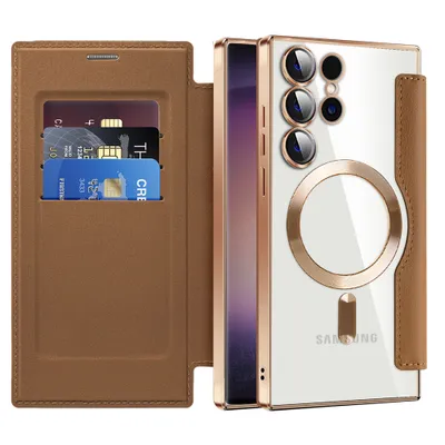 A phone case with card slots and a phone with a magnetic ring are displayed.