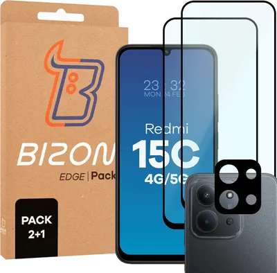 Produktbild von Gehärtetes Glas - 2 Stück + Kameraschutz für Xiaomi Redmi 15C 4G / 5G, Bizon Glass Edge Pack, Schwarz