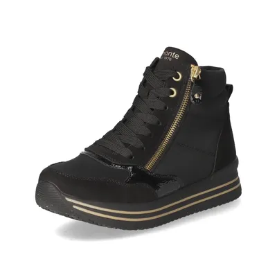 A black high-top sneaker with gold accents on a white background.