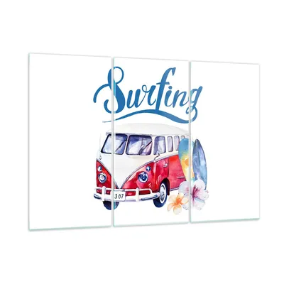 Produktbild von Bilder auf glas - Aquarell Surfbrett Palme Bäume - 165x110cm - Glasbilder - Wandbilder - Kunstdruck - zum Aufhängen bereit - Wanddekoration aus Glas - Glas Bilder - Wandbild auf Glas - GCE165x110-3112