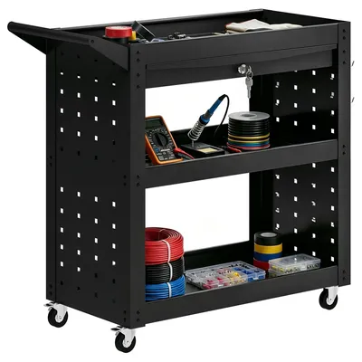 Productafbeelding van HOMCOM Gereedschapswagen, leeg, werkplaatswagen met 3 niveaus, gatenplaten en een lade
