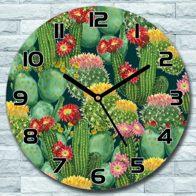 Produktbild von Wanduhr aus Glas Rund fi 30 Farbenfrohe Kakteen Quarz Deko Wohnzimmer Büro